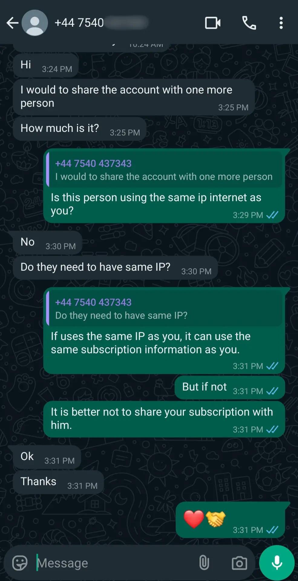 A WhatsApp chat shows someone asking if they can share a Latino IPTV account and whether the same IP address is required. The response explains the IP details, advises against sharing the subscription, and ends with thank you and emojis.
