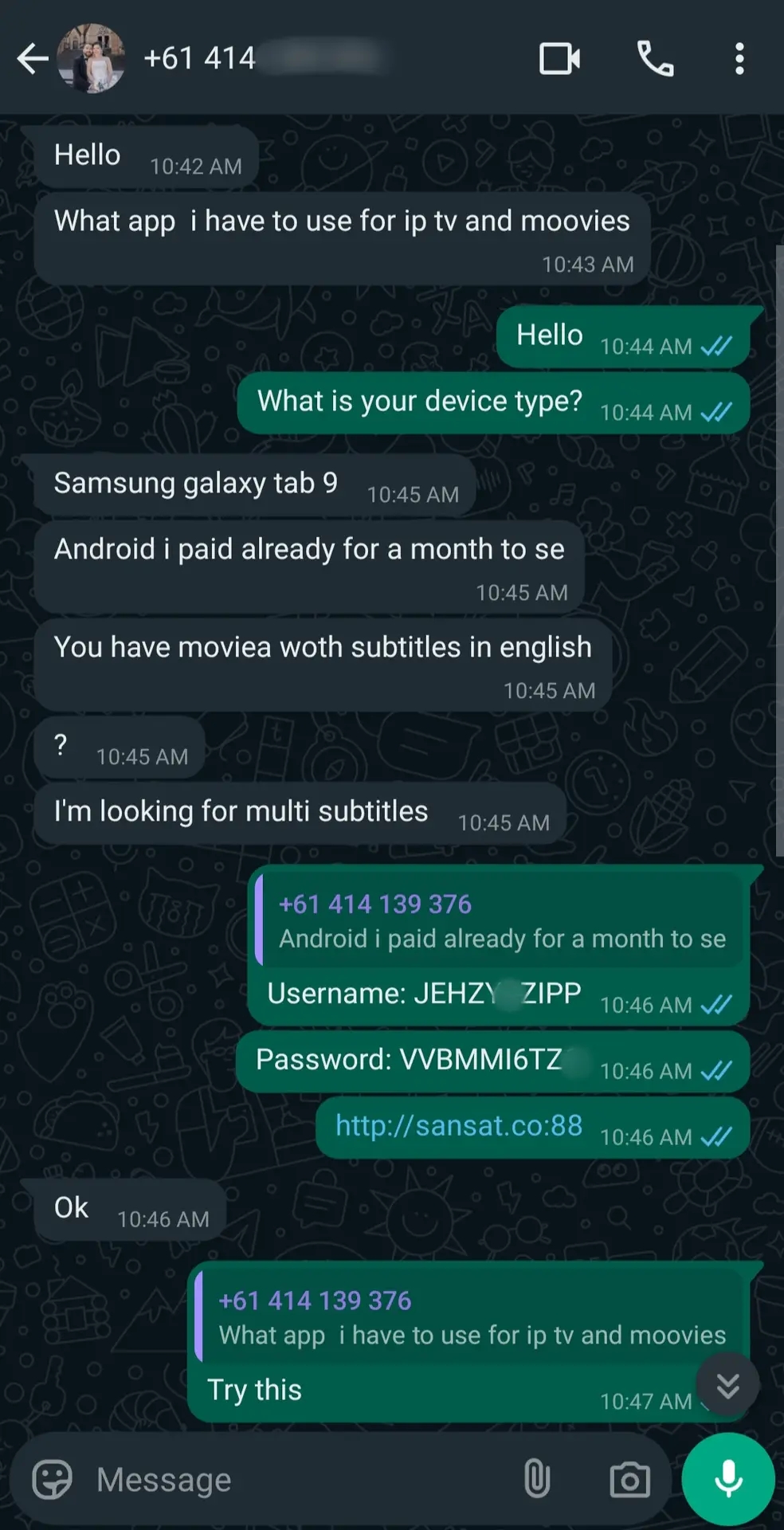 A WhatsApp chat shows a user asking about IPTV Latino apps for movies on a Samsung Galaxy Tab 9. The reply suggests an app with username, password, and link, followed by confirmation and further instructions.