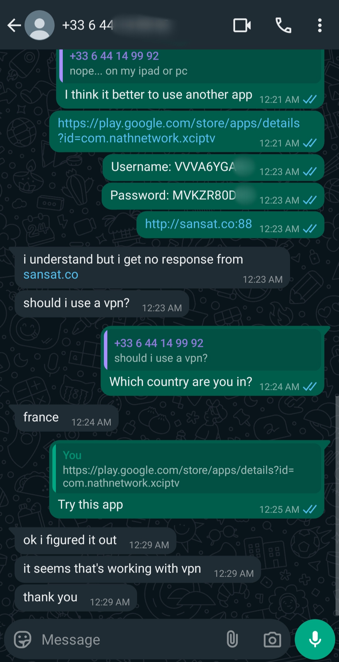 A WhatsApp chat shows a user troubleshooting Latino IPTV connection issues with another person, discussing VPN usage, sharing a username and password, and providing app download links. The issue appears resolved by the end of the conversation.