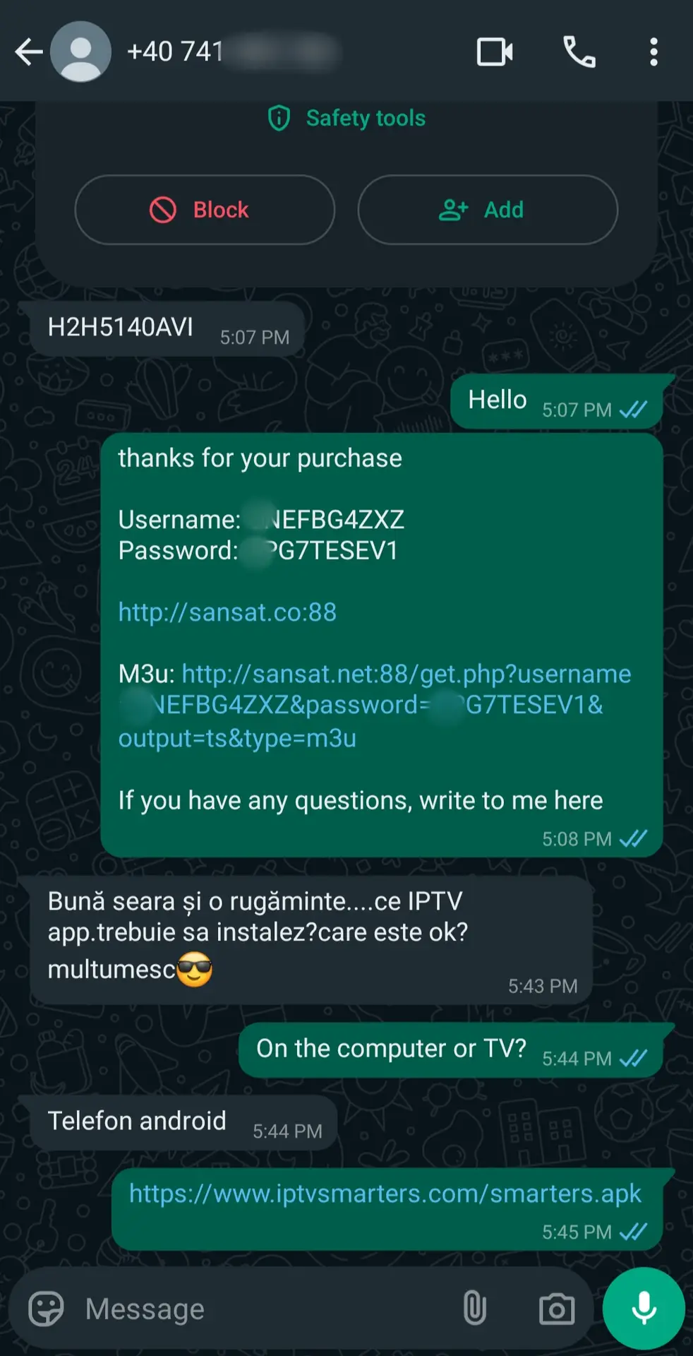 A WhatsApp chat showing a user receiving Latino IPTV login details and a link. The conversation discusses using the IPTV app on an Android phone, with download instructions for IPTV Latino provided in the last message.