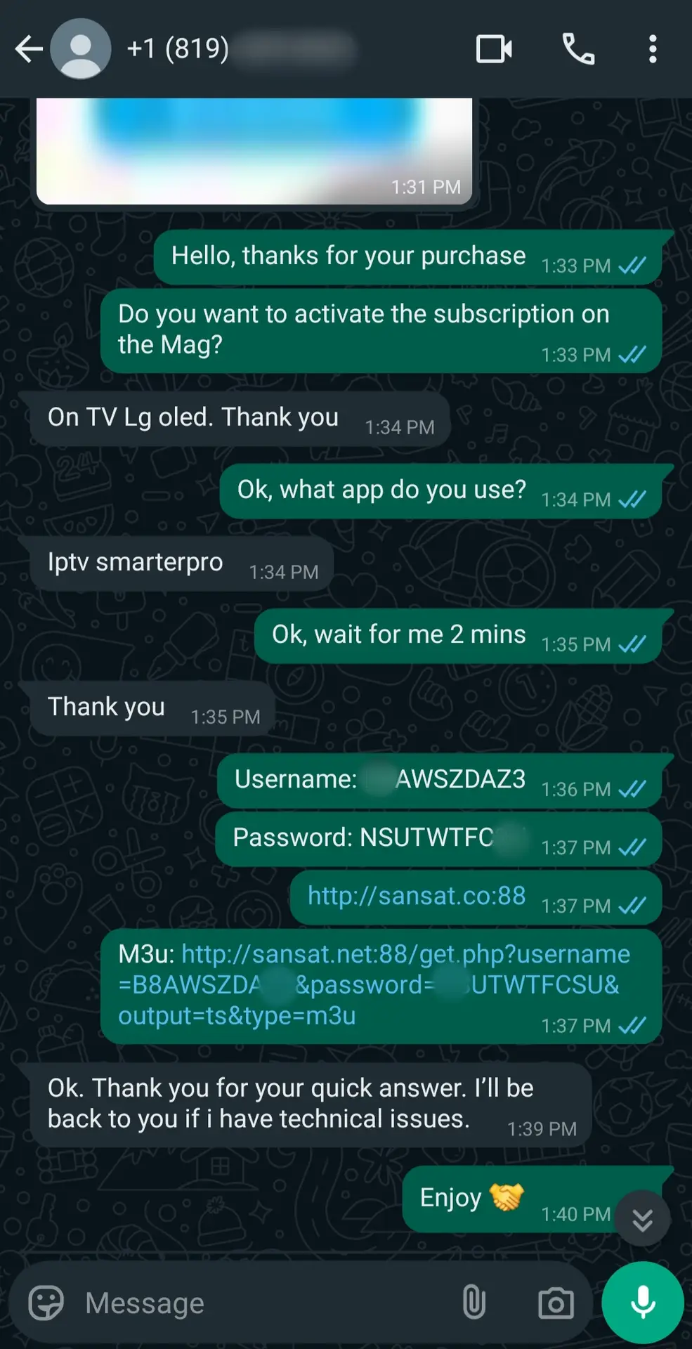 A WhatsApp chat shows a customer asking to activate a TV subscription. The seller provides login details for IPTV Latino SmarterPro, including a username, password, and a URL link for service setup with Latino IPTV channels.