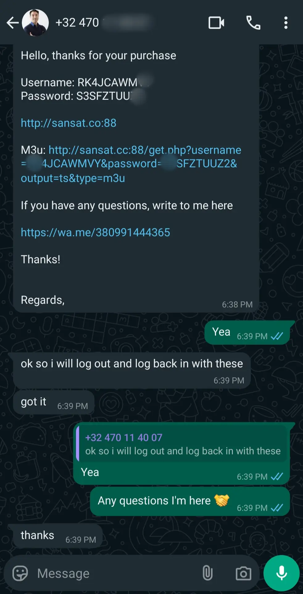 A WhatsApp chat where one person shares Latino IPTV login details and a link, offering help if needed. The other person confirms they’ll log out and back in with the new IPTV Latino info, then thanks the sender.