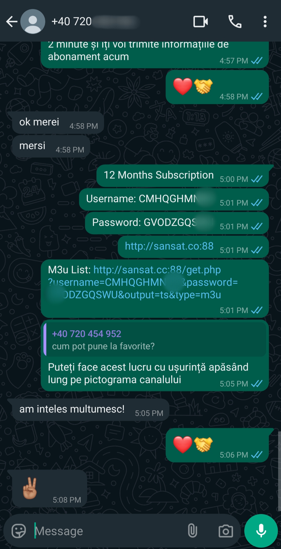 A WhatsApp chat screenshot showing a conversation about a 12-month IPTV Latino subscription. Login details, a URL, and instructions are shared. Participants exchange text, emojis (heart, handshake, peace), and thank each other in Romanian.