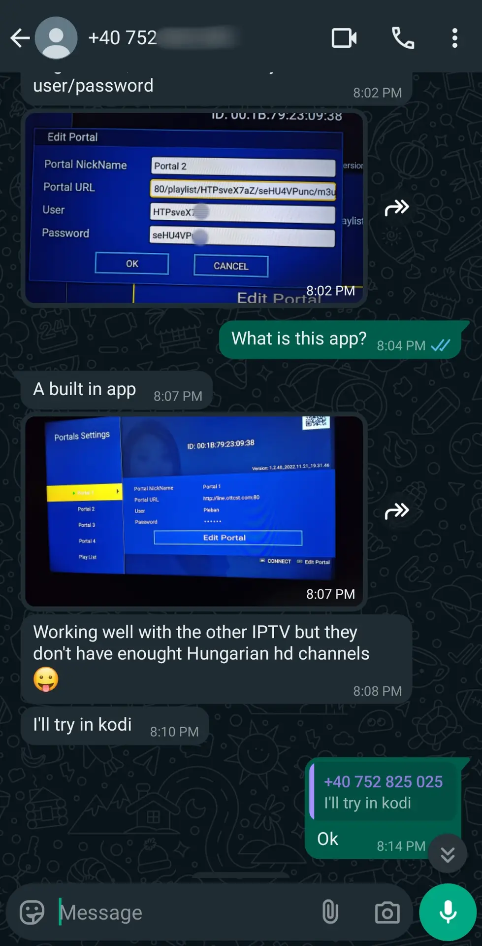 A WhatsApp chat shows screenshots of an IPTV portal setup on a TV. The conversation covers app settings and mentions trying Latino IPTV in Kodi, especially since there are limited Hungarian channels available.
