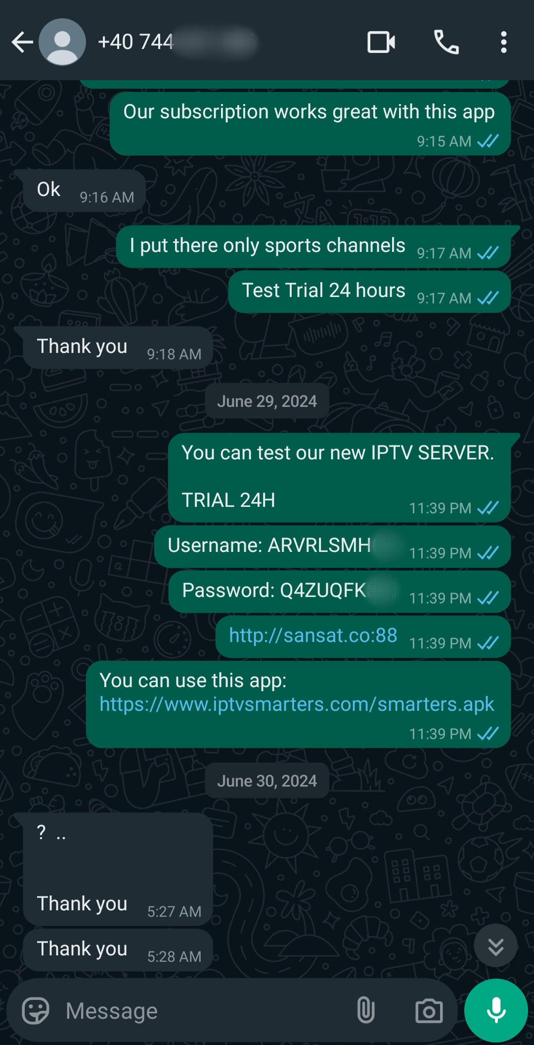 A WhatsApp chat showing a conversation about an IPTV Latino trial. The messages include login credentials, a test server link, an app download link, and repeated “Thank you” responses from both participants.
