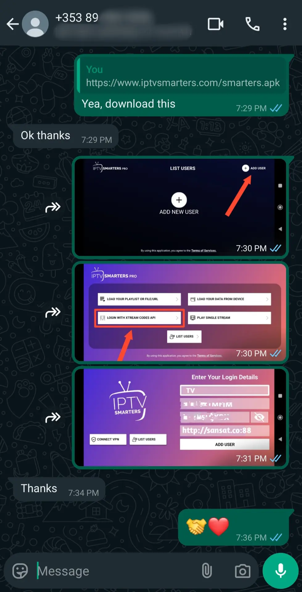 WhatsApp chat showing instructions to install and set up IPTV Smarters Pro for IPTV Latino, with three screenshots illustrating the steps, ending with a handshake and heart emoji in the final message.