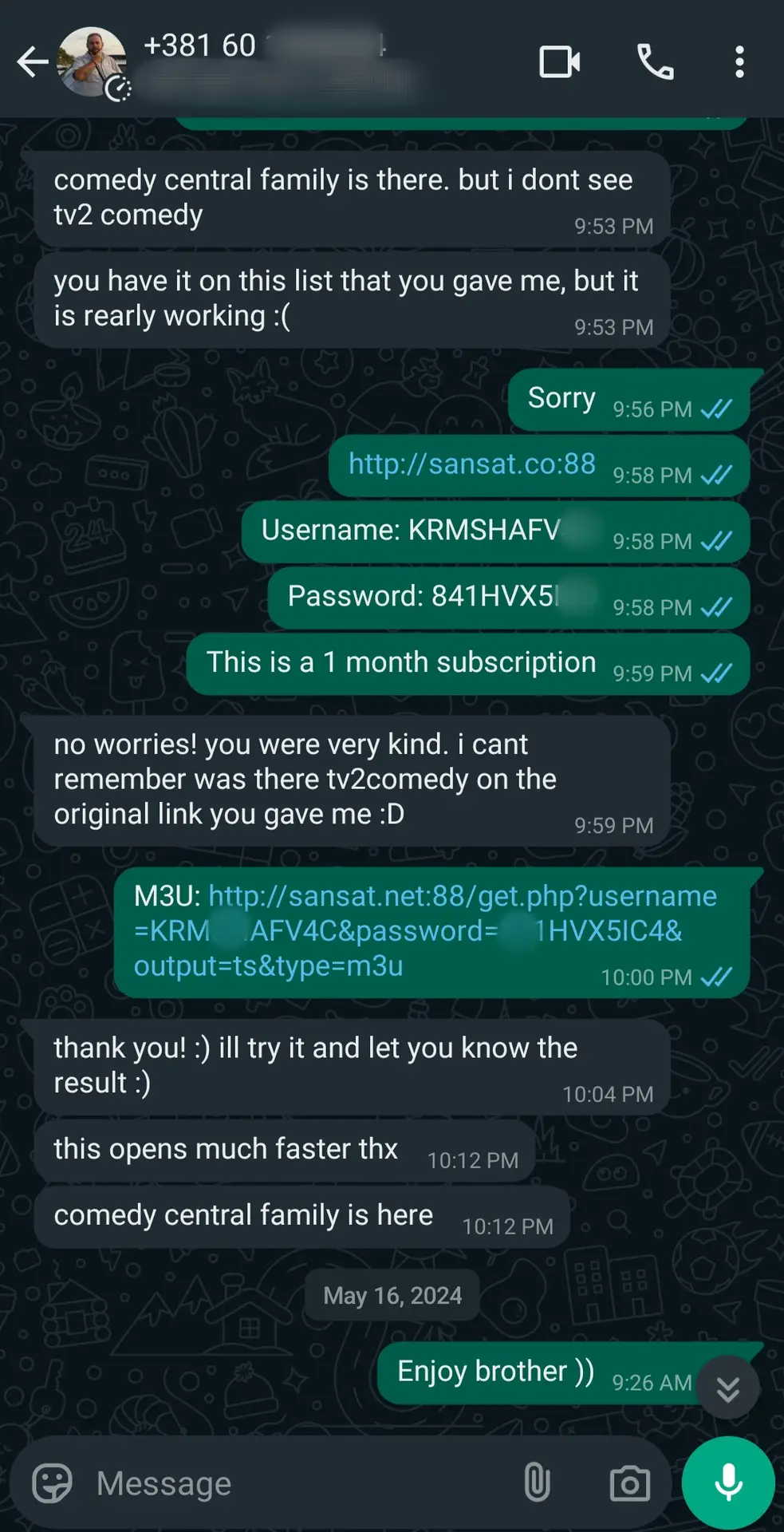 A WhatsApp chat shows users discussing login details for a Latino IPTV streaming service. One shares a username, password, and M3U link. The other confirms it works and thanks them. The final message says, Enjoy brother :)).