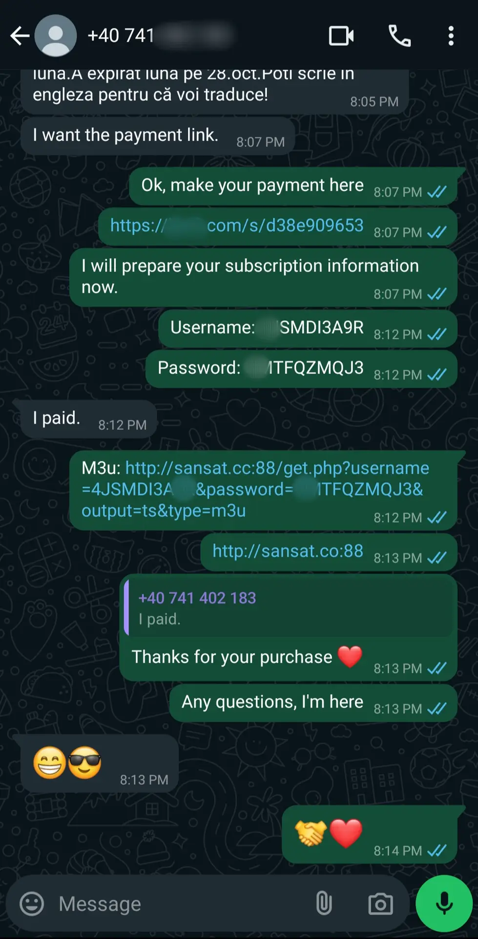 A WhatsApp chat screenshot shows a user purchasing Latino IPTV account information, receiving a username and password, and payment confirmation. The conversation ends with thank-you messages and heart and handshake emojis.