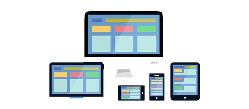 Illustration of a desktop computer, laptop, tablet, and two smartphones displaying similar Latino IPTV layouts, representing responsive web design across multiple devices.