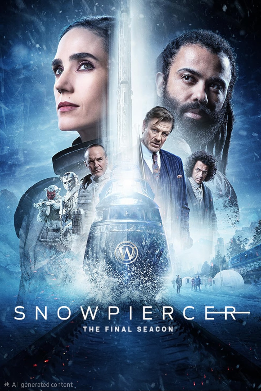 Poster for Snowpiercer: The Final Season showing a train splitting the image, with main characters' faces above and others along the sides. Snow and icy scenery surround the train, offering a dramatic scene perfect for IPTV Latino viewers.