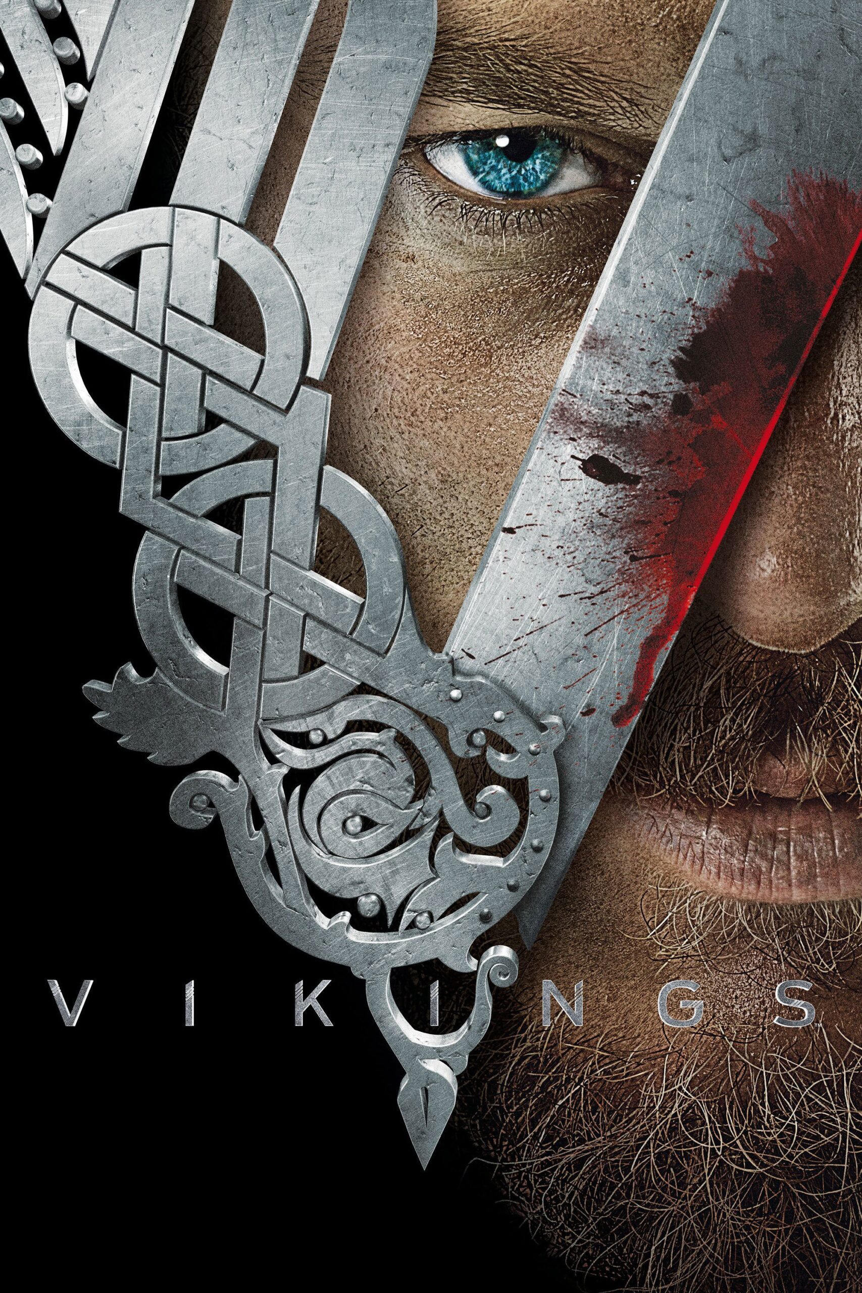 Close-up of a man's face wearing a metal Viking helmet with intricate designs. His piercing blue eye stares intensely, and there's a streak of blood on the helmet. The word VIKINGS is at the bottom, featuring bold IPTV Latino graphics.