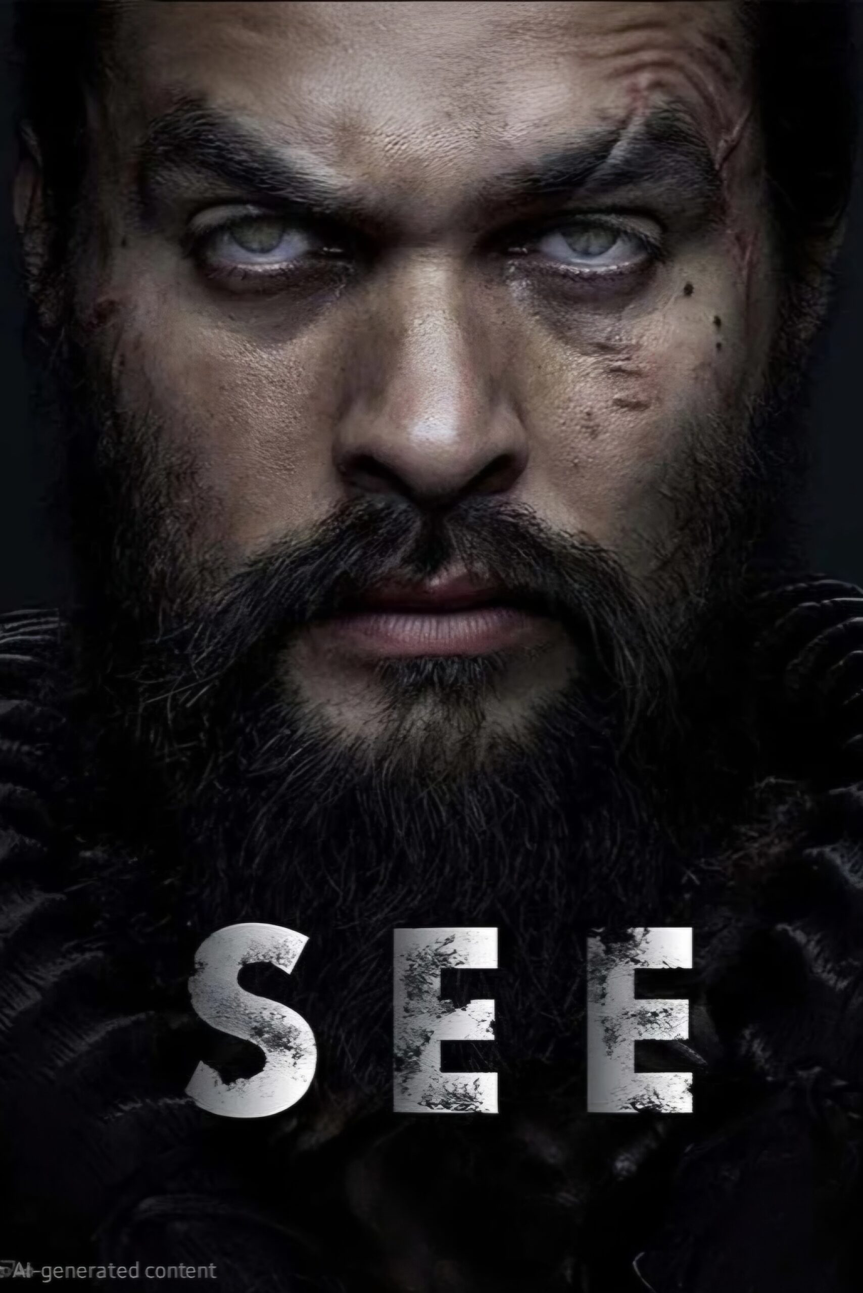A bearded man with intense, pale eyes and facial scars stares forward. He has braided hair, a serious expression, and below his face, large textured letters spell SEE against a dark background—capturing the intensity of Latino IPTV.