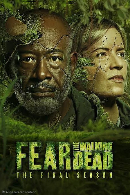 Poster for “Fear the Walking Dead: The Final Season” shows two serious-looking characters’ faces, cracked like old paint and surrounded by green moss, with the show title in bold yellow-green letters—perfect for watching on IPTV Latino.
